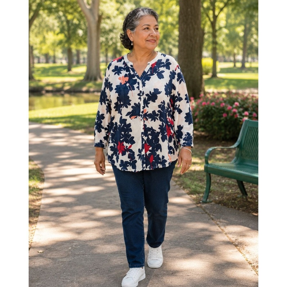 Liz Claiborne Floral Long Sleeve Button Down Blouse Navy Pink XL